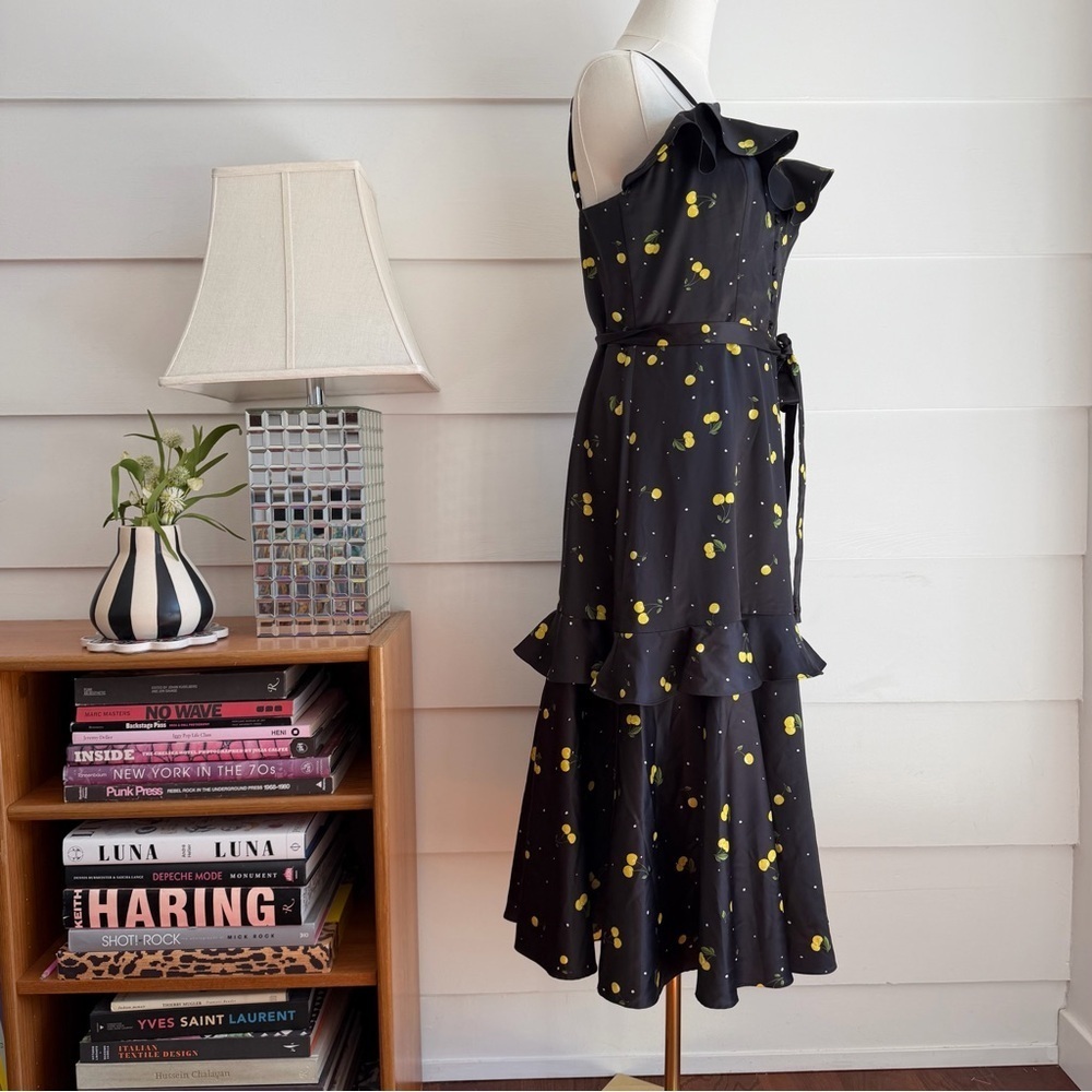Milly Petal Dress Black Multi Cherry Print size 6 runs small - Picture 4 of 9